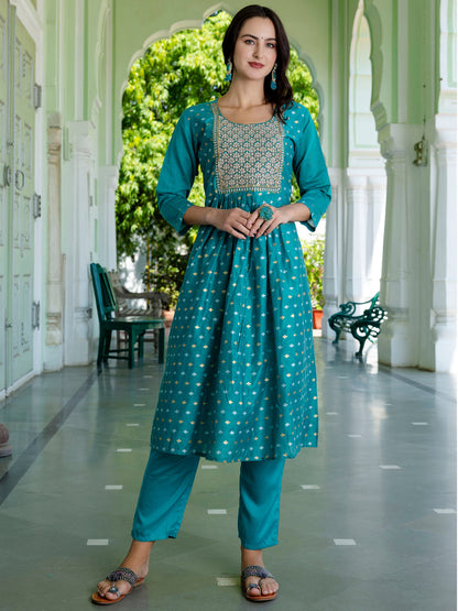 Kaveri Embroidered Chanderi Mehndi Suit Set with Dupatta Ethnic Sets - FitVibe Fashion