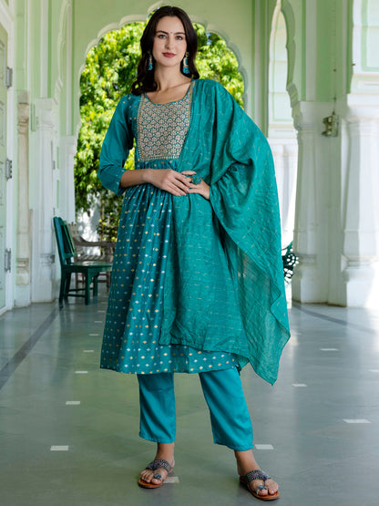 Kaveri Embroidered Chanderi Mehndi Suit Set with Dupatta Ethnic Sets - FitVibe Fashion