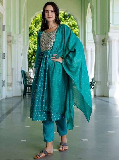 Kaveri Embroidered Chanderi Mehndi Suit Set with Dupatta Ethnic Sets - FitVibe Fashion