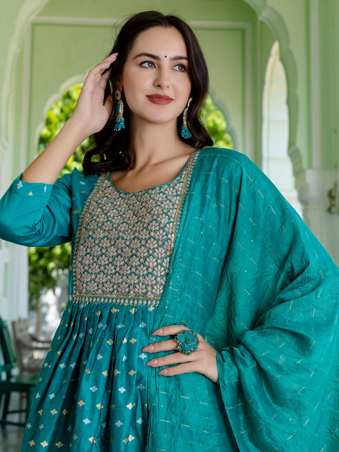 Kaveri Embroidered Chanderi Mehndi Suit Set with Dupatta Ethnic Sets - FitVibe Fashion