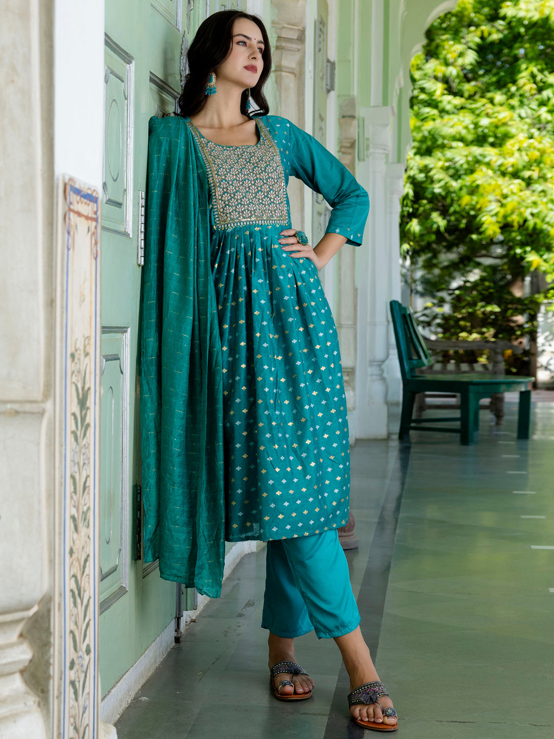 Kaveri Embroidered Chanderi Mehndi Suit Set with Dupatta Ethnic Sets - FitVibe Fashion