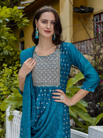 Kaveri Embroidered Chanderi Mehndi Suit Set with Dupatta Ethnic Sets - FitVibe Fashion