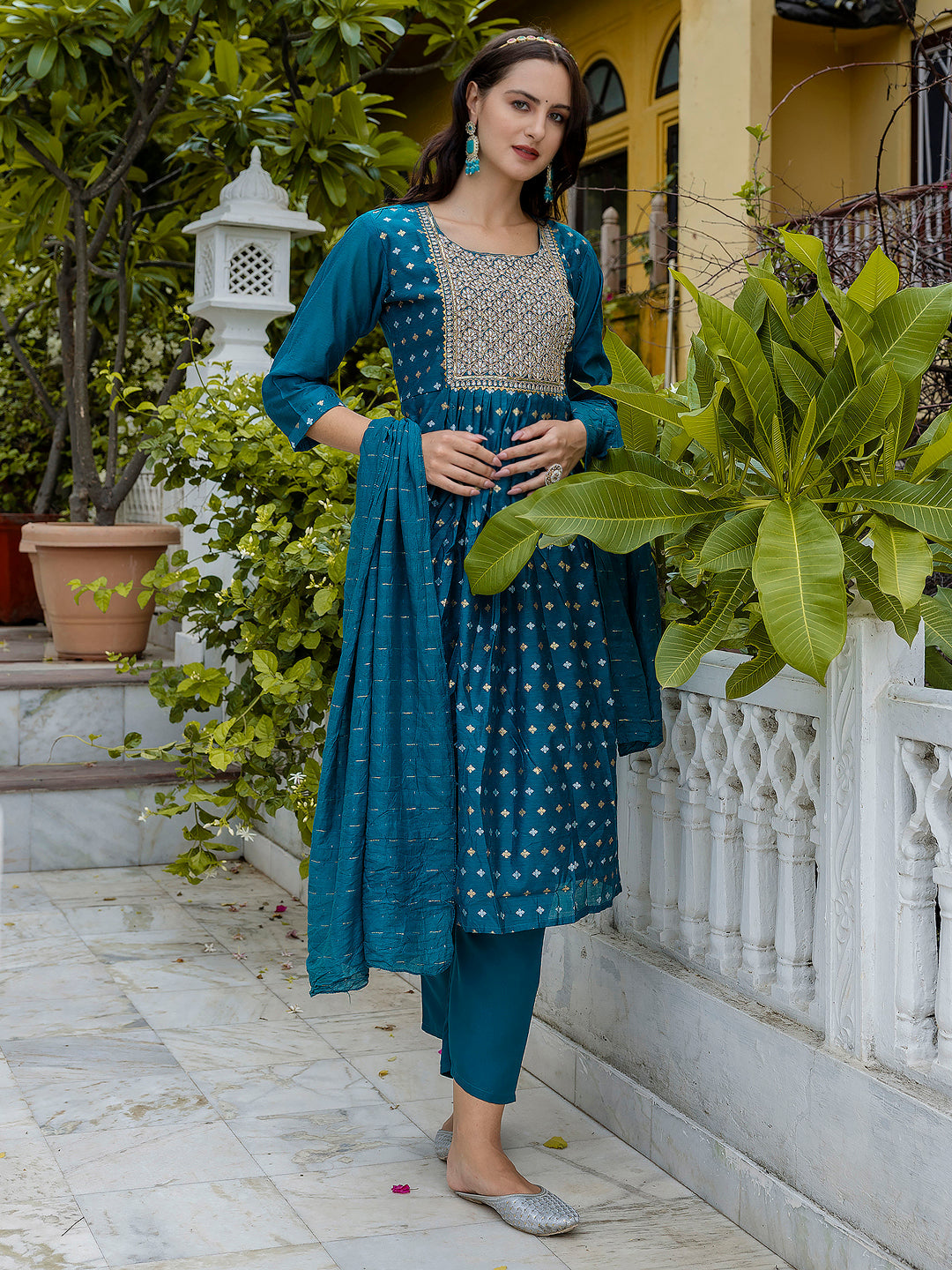 Kaveri Embroidered Chanderi Mehndi Suit Set with Dupatta Ethnic Sets - FitVibe Fashion