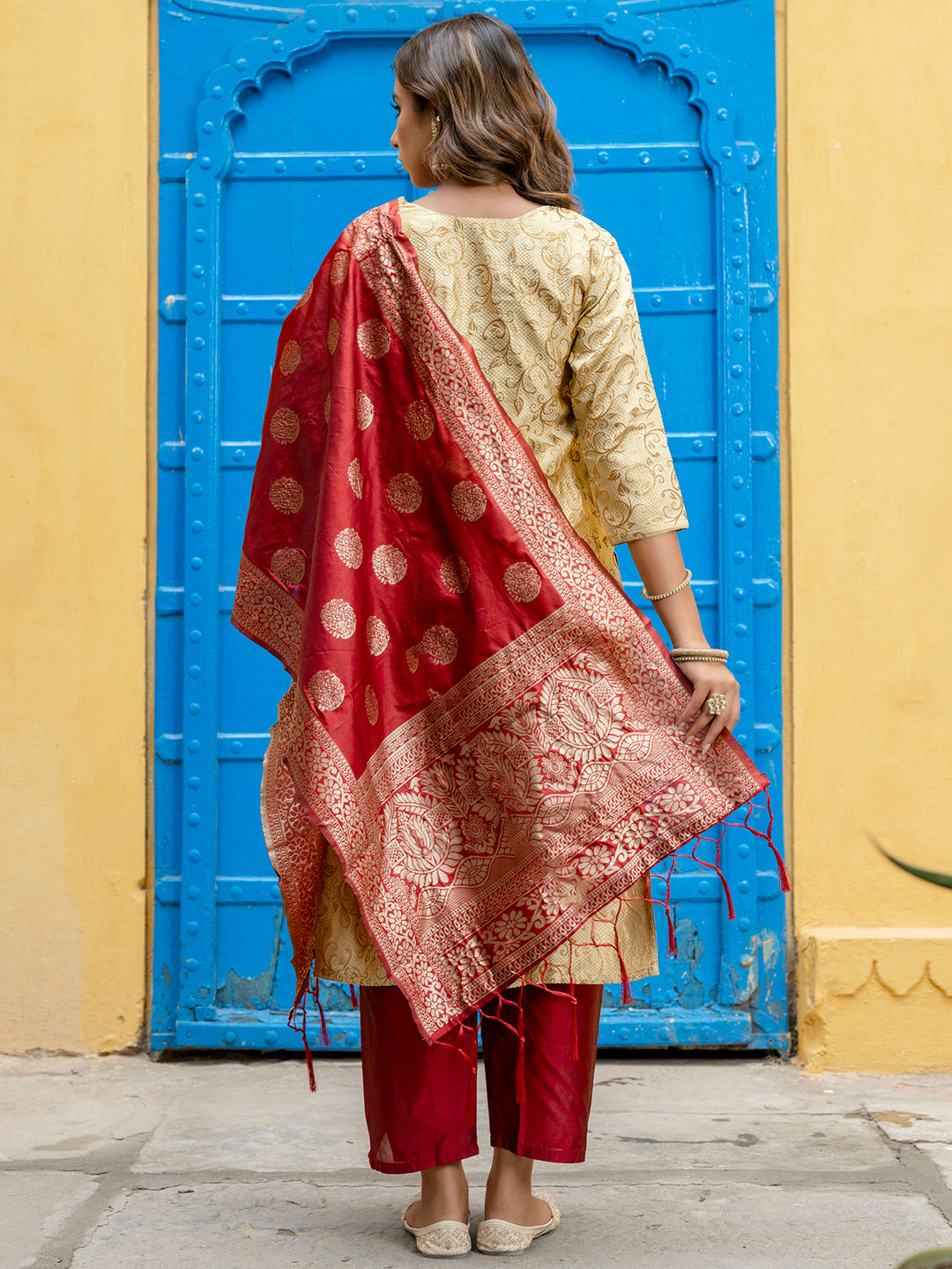 Kanishka Cotton Silk Jacquard Kurta Pant & Banarasi Dupatta Set – Elegant Party Wear Outfit - FitVibe Fashion