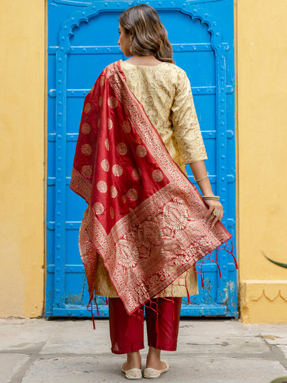 Kanishka Cotton Silk Jacquard Kurta Pant & Banarasi Dupatta Set – Elegant Party Wear Outfit - FitVibe Fashion