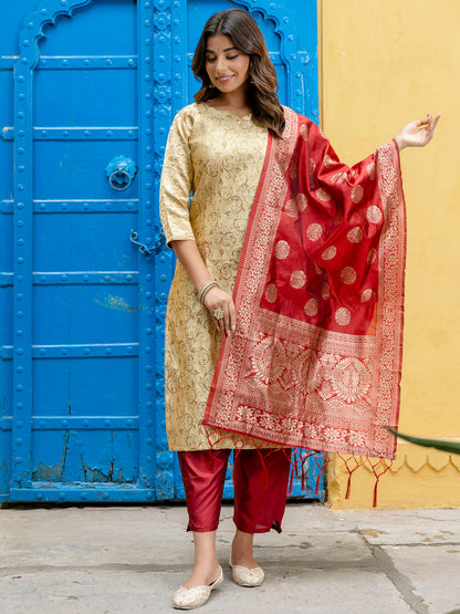 Kanishka Cotton Silk Jacquard Kurta Pant & Banarasi Dupatta Set – Elegant Party Wear Outfit - FitVibe Fashion