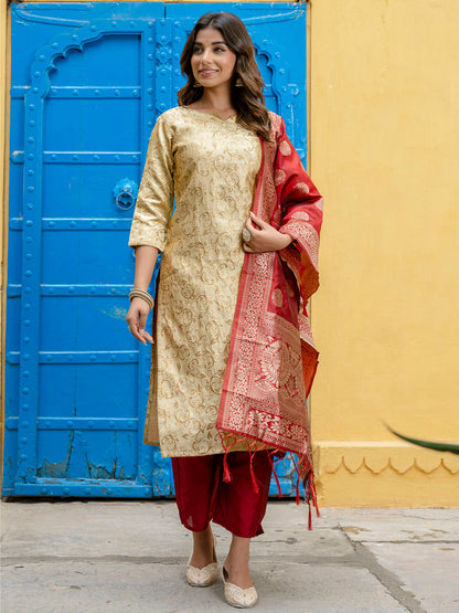 Kanishka Cotton Silk Jacquard Kurta Pant & Banarasi Dupatta Set – Elegant Party Wear Outfit - FitVibe Fashion