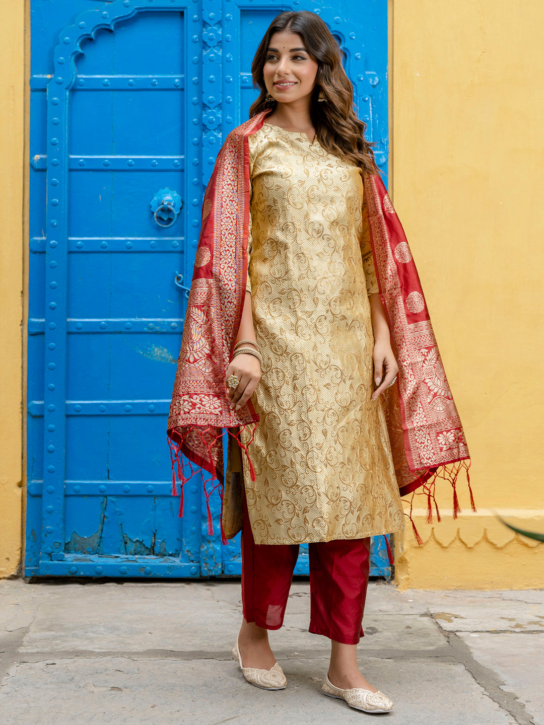 Kanishka Cotton Silk Jacquard Kurta Pant & Banarasi Dupatta Set – Elegant Party Wear Outfit - FitVibe Fashion