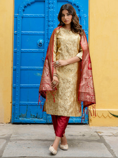 Kanishka Cotton Silk Jacquard Kurta Pant & Banarasi Dupatta Set – Elegant Party Wear Outfit - FitVibe Fashion