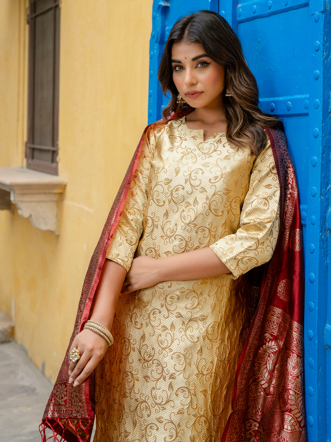 Kanishka Cotton Silk Jacquard Kurta Pant & Banarasi Dupatta Set – Elegant Party Wear Outfit - FitVibe Fashion