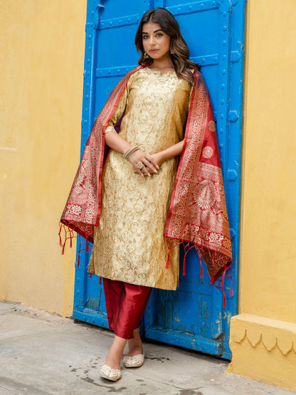 Kanishka Cotton Silk Jacquard Kurta Pant & Banarasi Dupatta Set – Elegant Party Wear Outfit - FitVibe Fashion