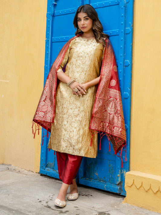 Kanishka Cotton Silk Jacquard Kurta Pant & Banarasi Dupatta Set – Elegant Party Wear Outfit - FitVibe Fashion