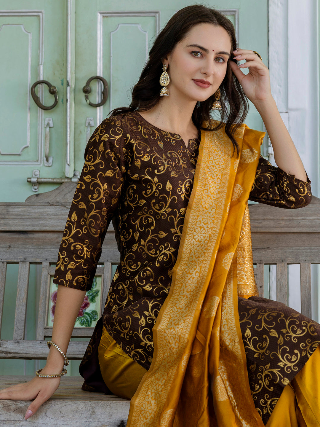 Kanishka Cotton Silk Jacquard Kurta Pant & Banarasi Dupatta Set – Elegant Party Wear Outfit - FitVibe Fashion