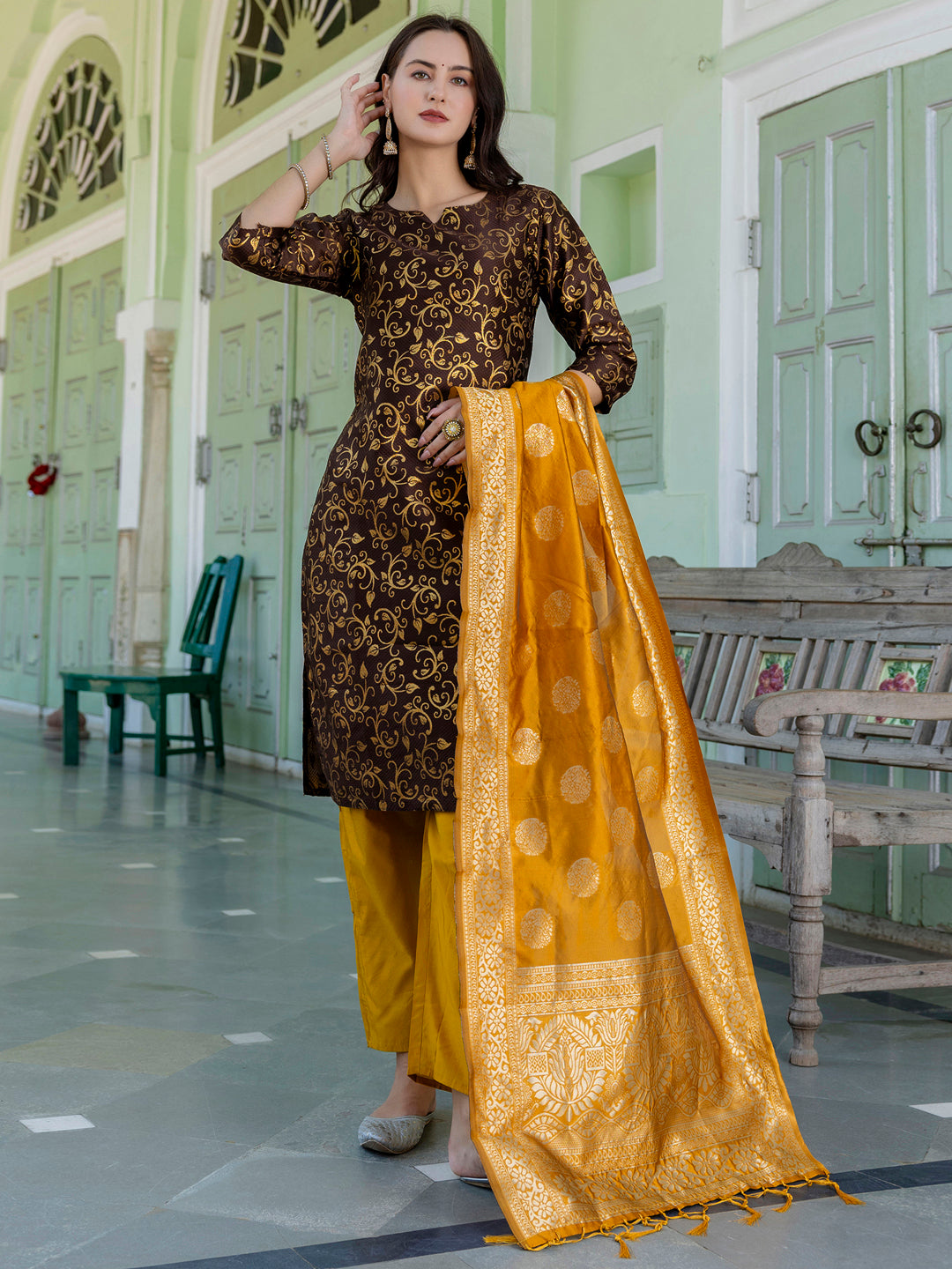 Kanishka Cotton Silk Jacquard Kurta Pant & Banarasi Dupatta Set – Elegant Party Wear Outfit - FitVibe Fashion