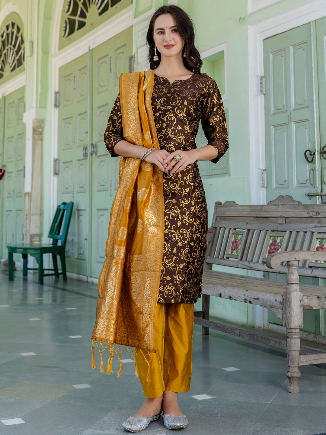 Kanishka Cotton Silk Jacquard Kurta Pant & Banarasi Dupatta Set – Elegant Party Wear Outfit - FitVibe Fashion