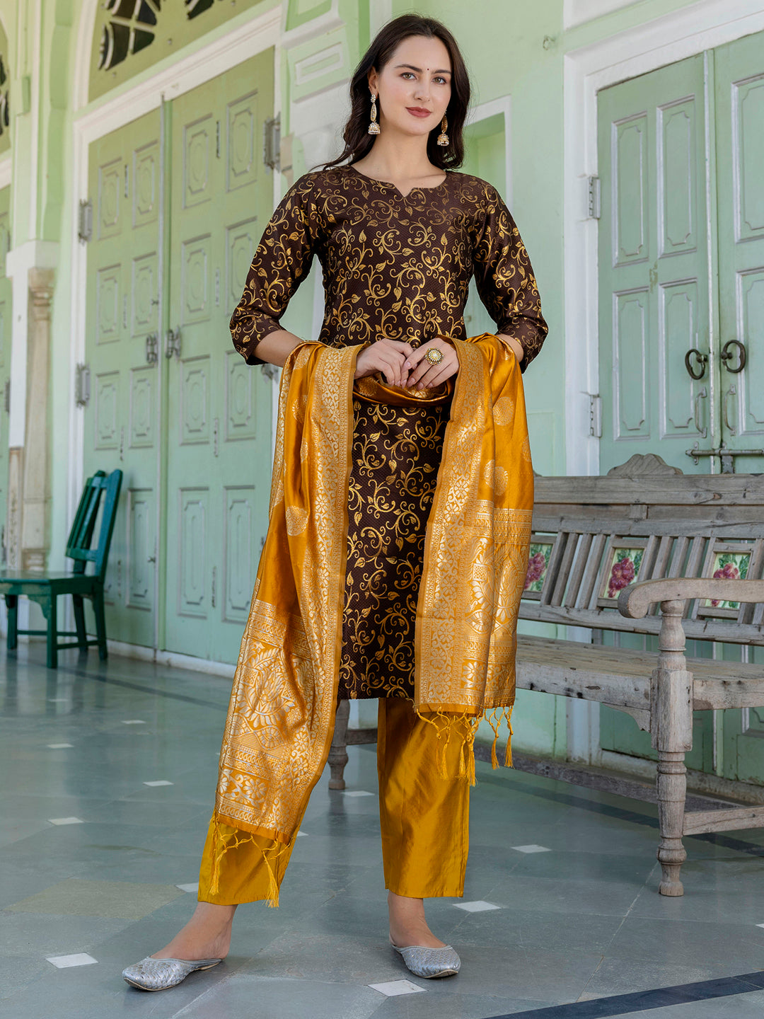 Kanishka Cotton Silk Jacquard Kurta Pant & Banarasi Dupatta Set – Elegant Party Wear Outfit - FitVibe Fashion