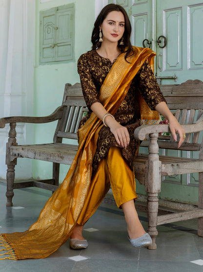 Kanishka Cotton Silk Jacquard Kurta Pant & Banarasi Dupatta Set – Elegant Party Wear Outfit - FitVibe Fashion