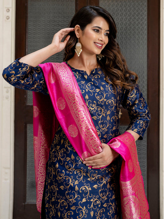 Kanishka Cotton Silk Jacquard Kurta Pant & Banarasi Dupatta Set – Elegant Party Wear Outfit - FitVibe Fashion