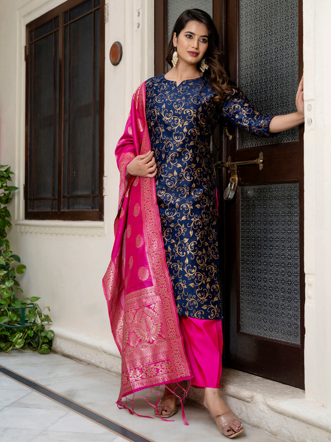 Kanishka Cotton Silk Jacquard Kurta Pant & Banarasi Dupatta Set – Elegant Party Wear Outfit - FitVibe Fashion