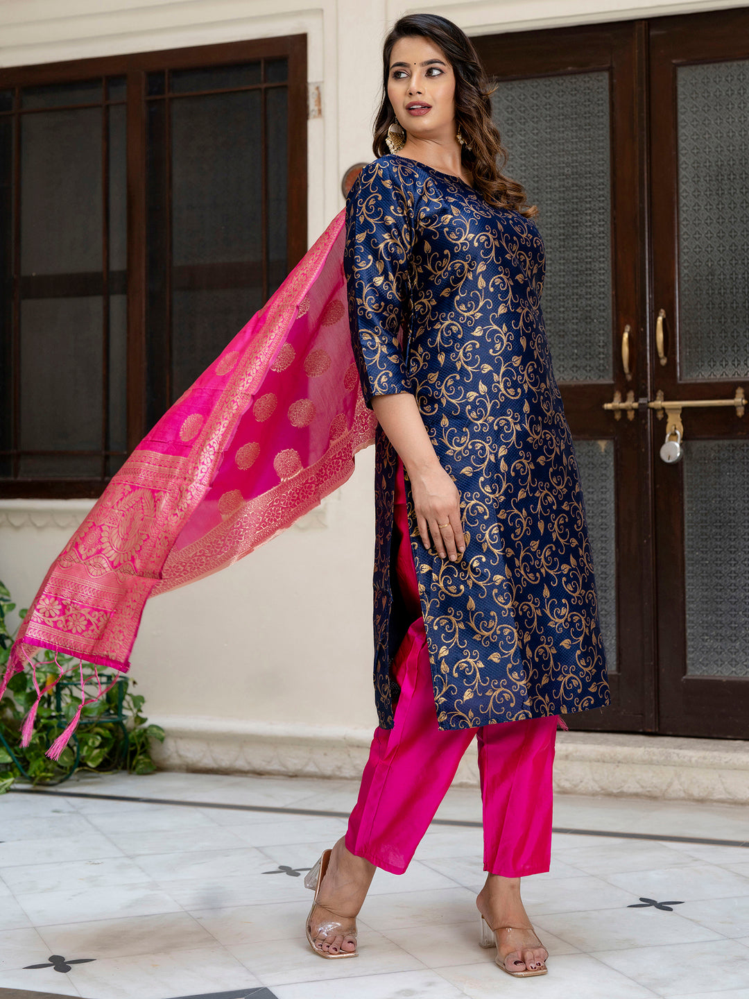 Kanishka Cotton Silk Jacquard Kurta Pant & Banarasi Dupatta Set – Elegant Party Wear Outfit - FitVibe Fashion