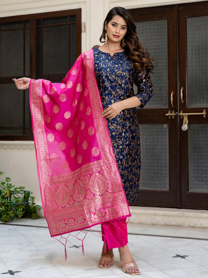 Kanishka Cotton Silk Jacquard Kurta Pant & Banarasi Dupatta Set – Elegant Party Wear Outfit - FitVibe Fashion