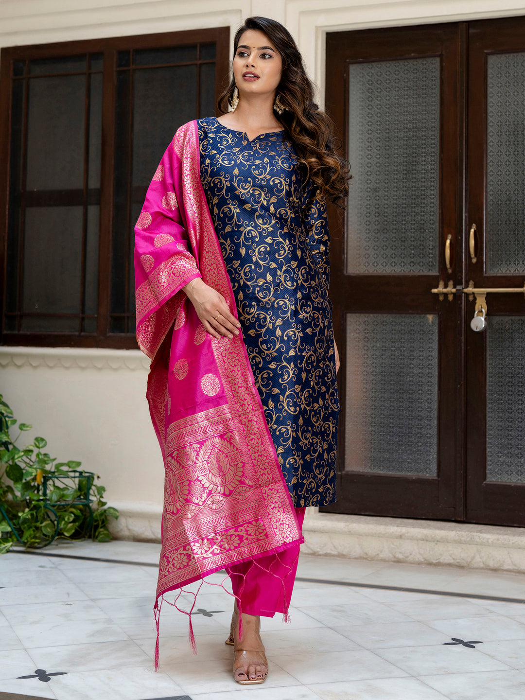 Kanishka Cotton Silk Jacquard Kurta Pant & Banarasi Dupatta Set – Elegant Party Wear Outfit - FitVibe Fashion