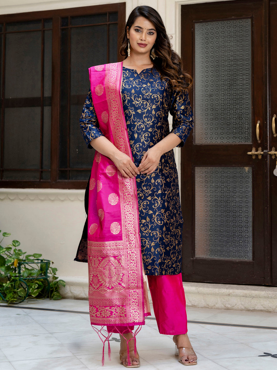 Kanishka Cotton Silk Jacquard Kurta Pant & Banarasi Dupatta Set – Elegant Party Wear Outfit - FitVibe Fashion