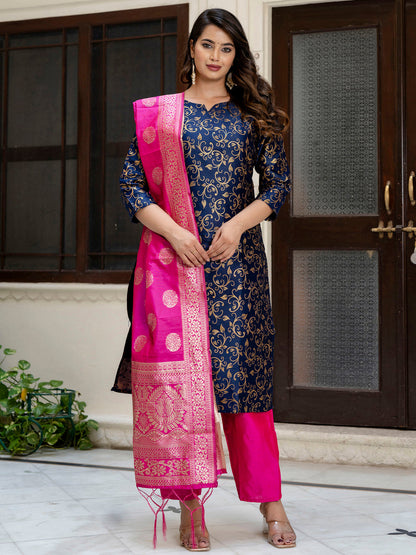 Kanishka Cotton Silk Jacquard Kurta Pant & Banarasi Dupatta Set – Elegant Party Wear Outfit - FitVibe Fashion