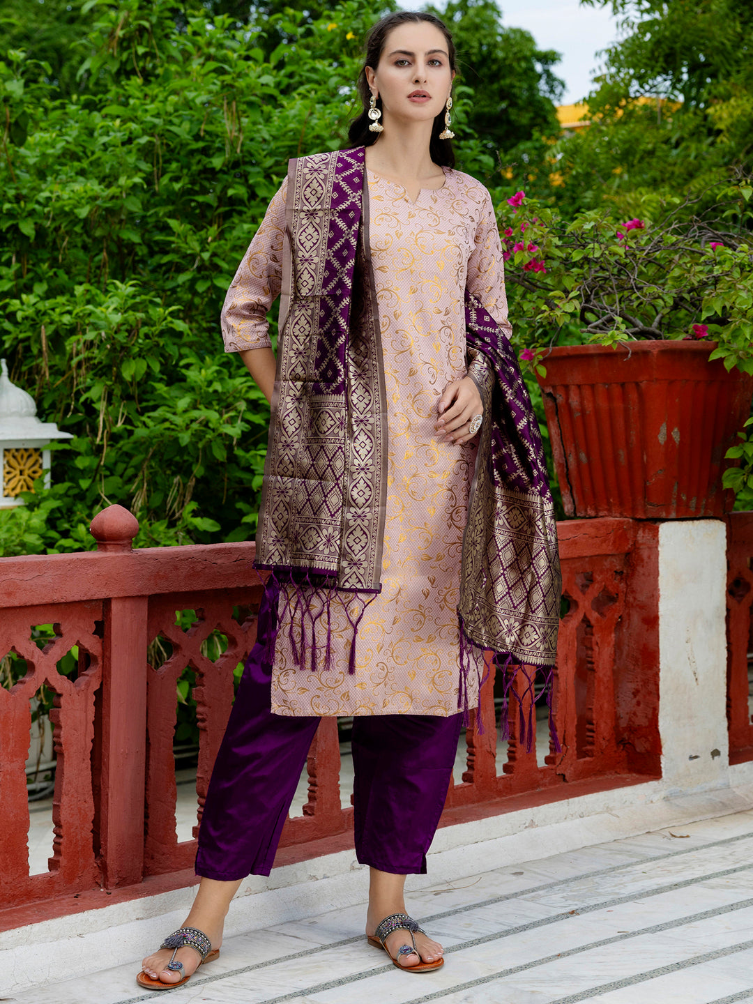 Kanishka Cotton Silk Jacquard Kurta Pant & Banarasi Dupatta Set – Elegant Party Wear Outfit - FitVibe Fashion