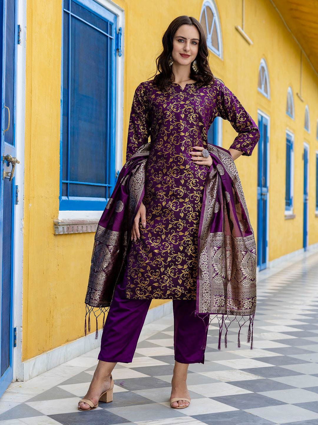 Kanishka Cotton Silk Jacquard Kurta Pant & Banarasi Dupatta Set – Elegant Party Wear Outfit - FitVibe Fashion