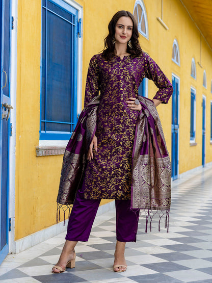 Kanishka Cotton Silk Jacquard Kurta Pant & Banarasi Dupatta Set – Elegant Party Wear Outfit - FitVibe Fashion
