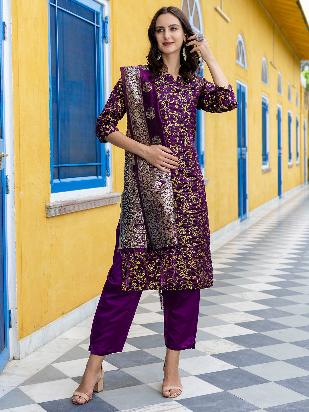 Kanishka Cotton Silk Jacquard Kurta Pant & Banarasi Dupatta Set – Elegant Party Wear Outfit - FitVibe Fashion