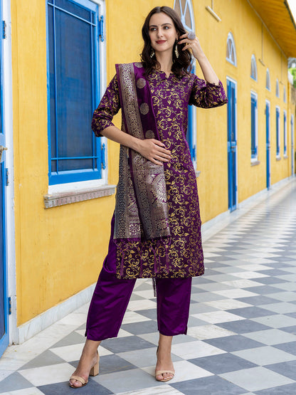 Kanishka Cotton Silk Jacquard Kurta Pant & Banarasi Dupatta Set – Elegant Party Wear Outfit - FitVibe Fashion