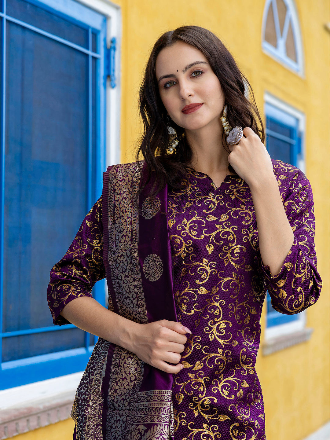 Kanishka Cotton Silk Jacquard Kurta Pant & Banarasi Dupatta Set – Elegant Party Wear Outfit - FitVibe Fashion