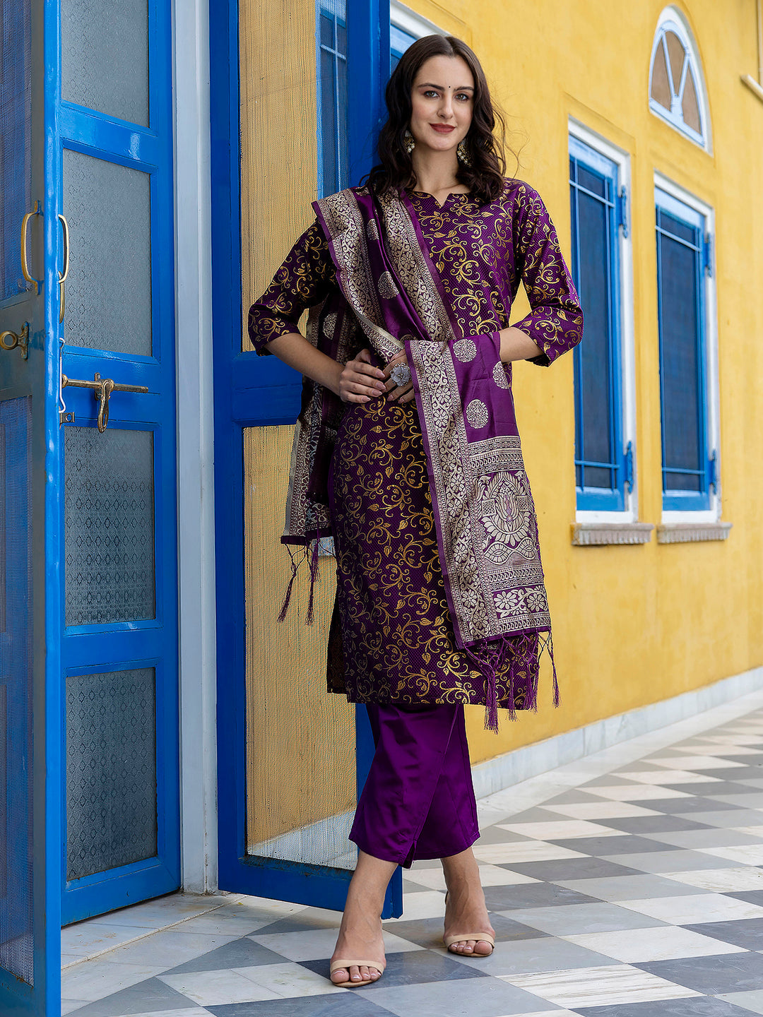 Kanishka Cotton Silk Jacquard Kurta Pant & Banarasi Dupatta Set – Elegant Party Wear Outfit - FitVibe Fashion