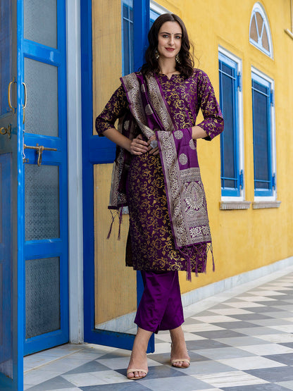Kanishka Cotton Silk Jacquard Kurta Pant & Banarasi Dupatta Set – Elegant Party Wear Outfit - FitVibe Fashion