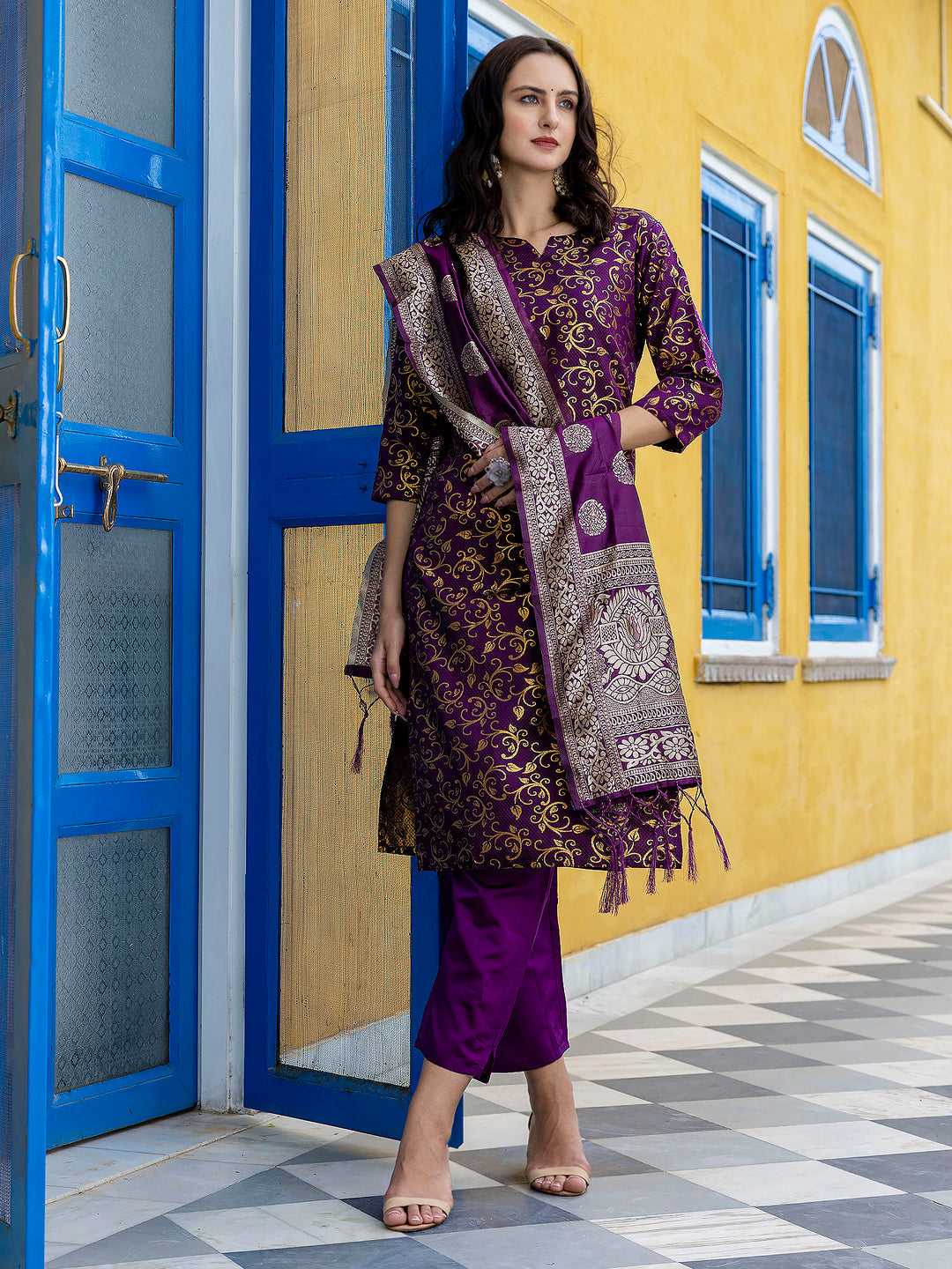 Kanishka Cotton Silk Jacquard Kurta Pant & Banarasi Dupatta Set – Elegant Party Wear Outfit - FitVibe Fashion