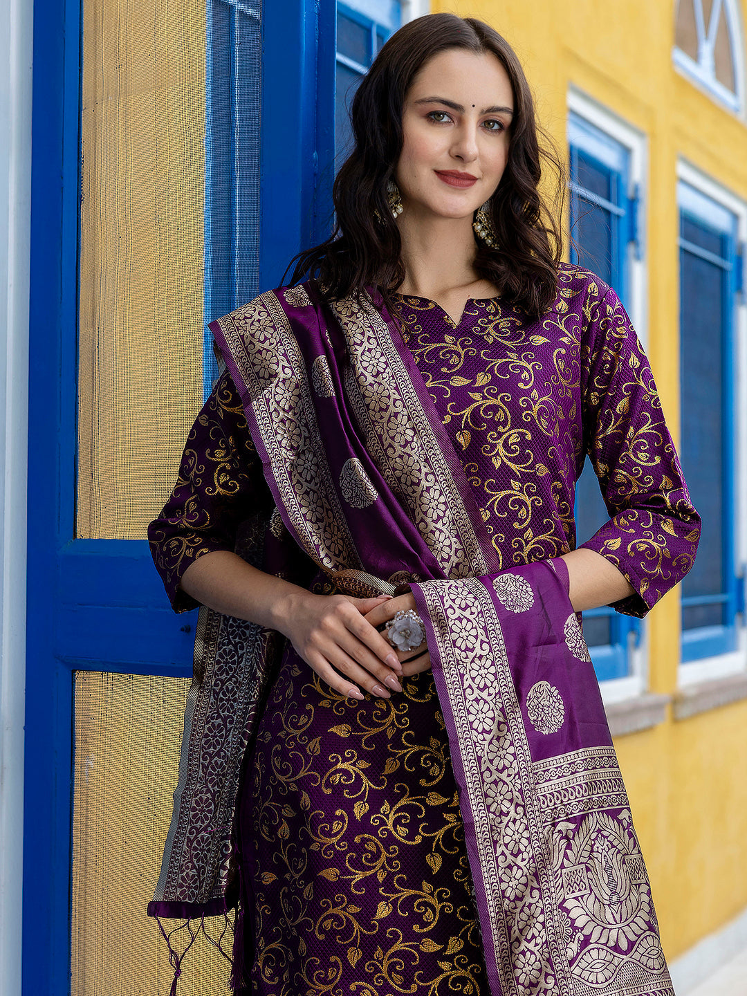 Kanishka Cotton Silk Jacquard Kurta Pant & Banarasi Dupatta Set – Elegant Party Wear Outfit - FitVibe Fashion