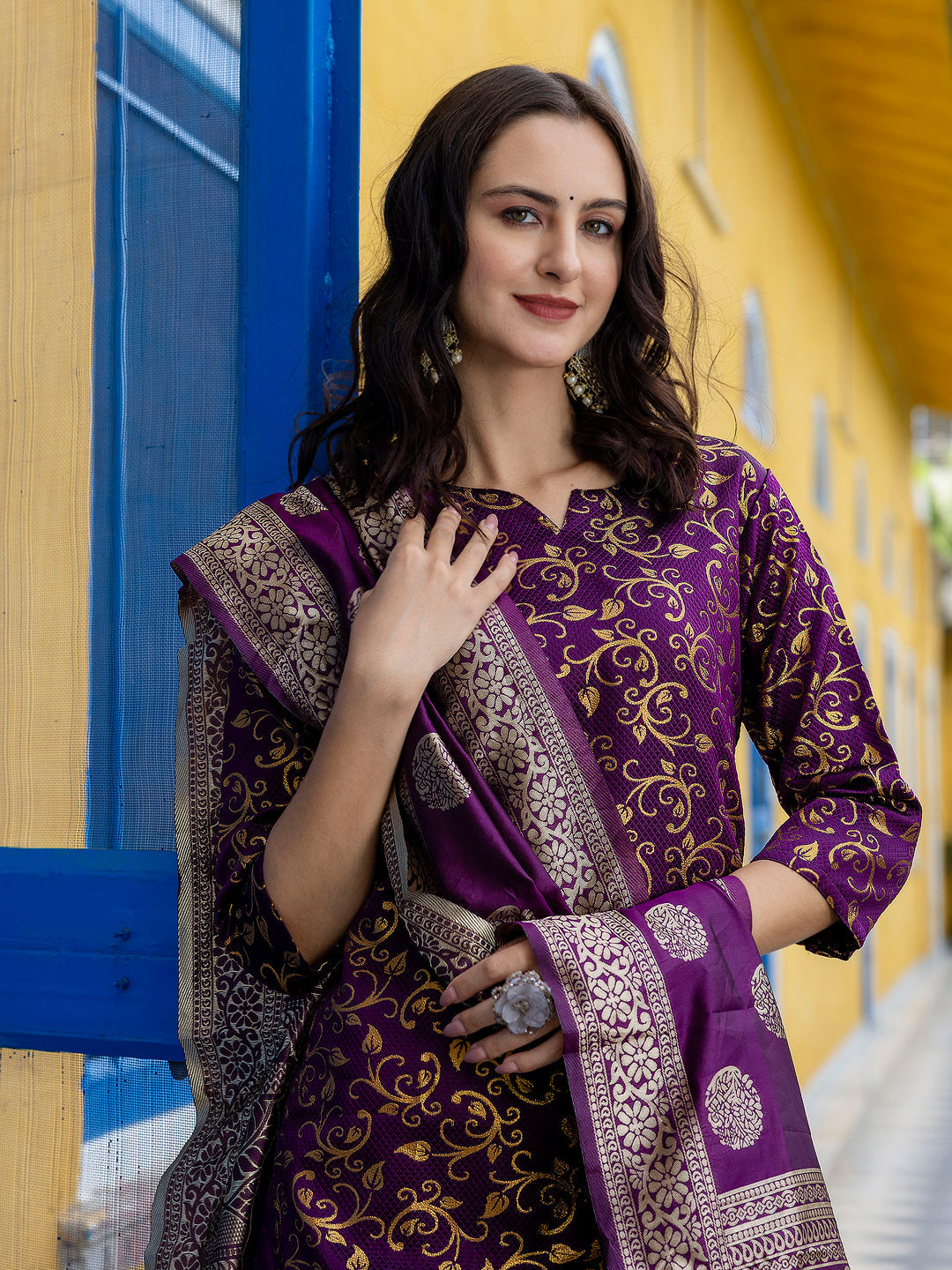 Kanishka Cotton Silk Jacquard Kurta Pant & Banarasi Dupatta Set – Elegant Party Wear Outfit - FitVibe Fashion