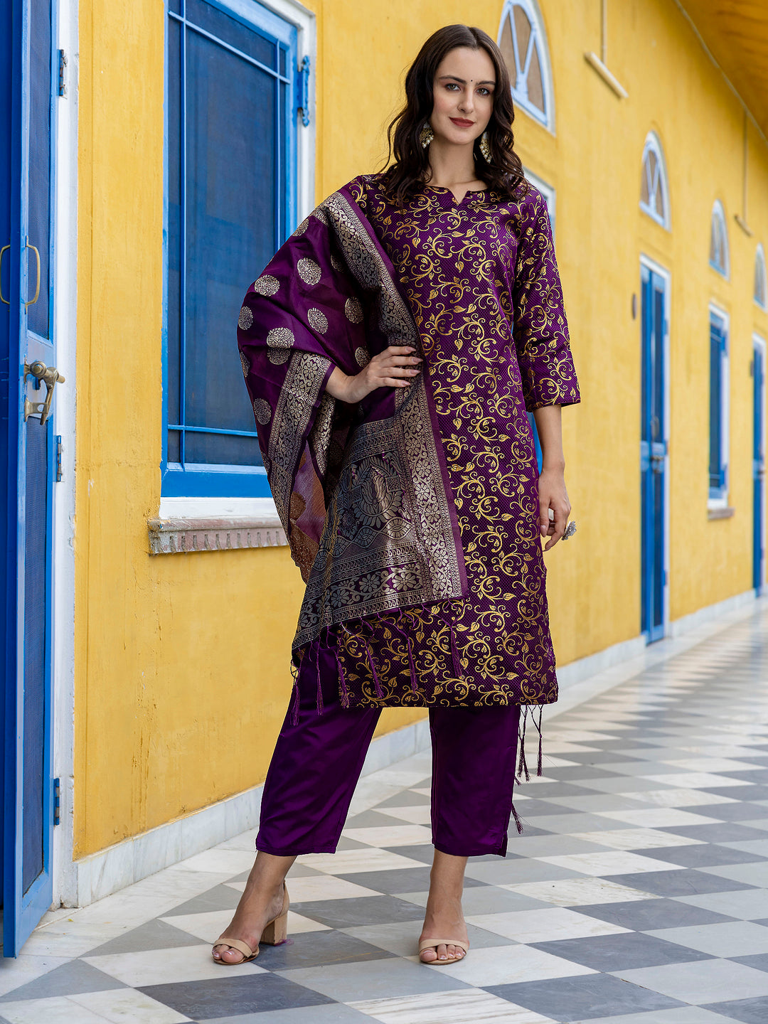 Kanishka Cotton Silk Jacquard Kurta Pant & Banarasi Dupatta Set – Elegant Party Wear Outfit - FitVibe Fashion