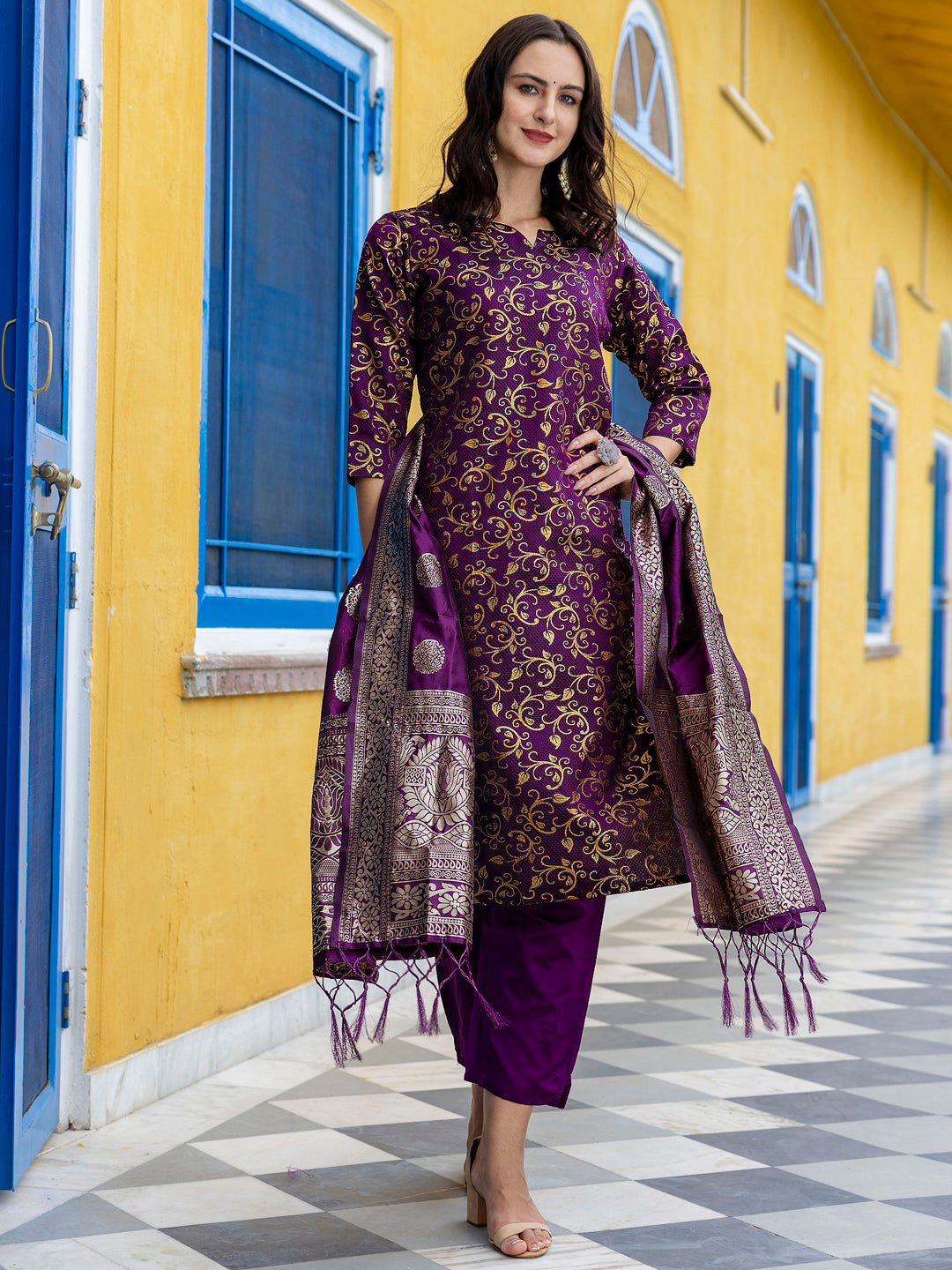 Kanishka Cotton Silk Jacquard Kurta Pant & Banarasi Dupatta Set – Elegant Party Wear Outfit - FitVibe Fashion