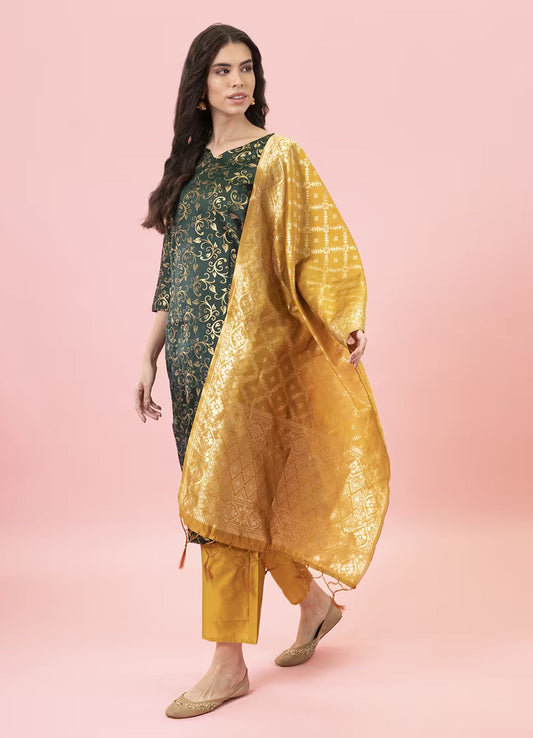 ZariZeenat Cotton Silk Jacquard Kurta Pant & Banarasi Dupatta Set – Elegant Party Wear Outfit - FitVibe Fashion