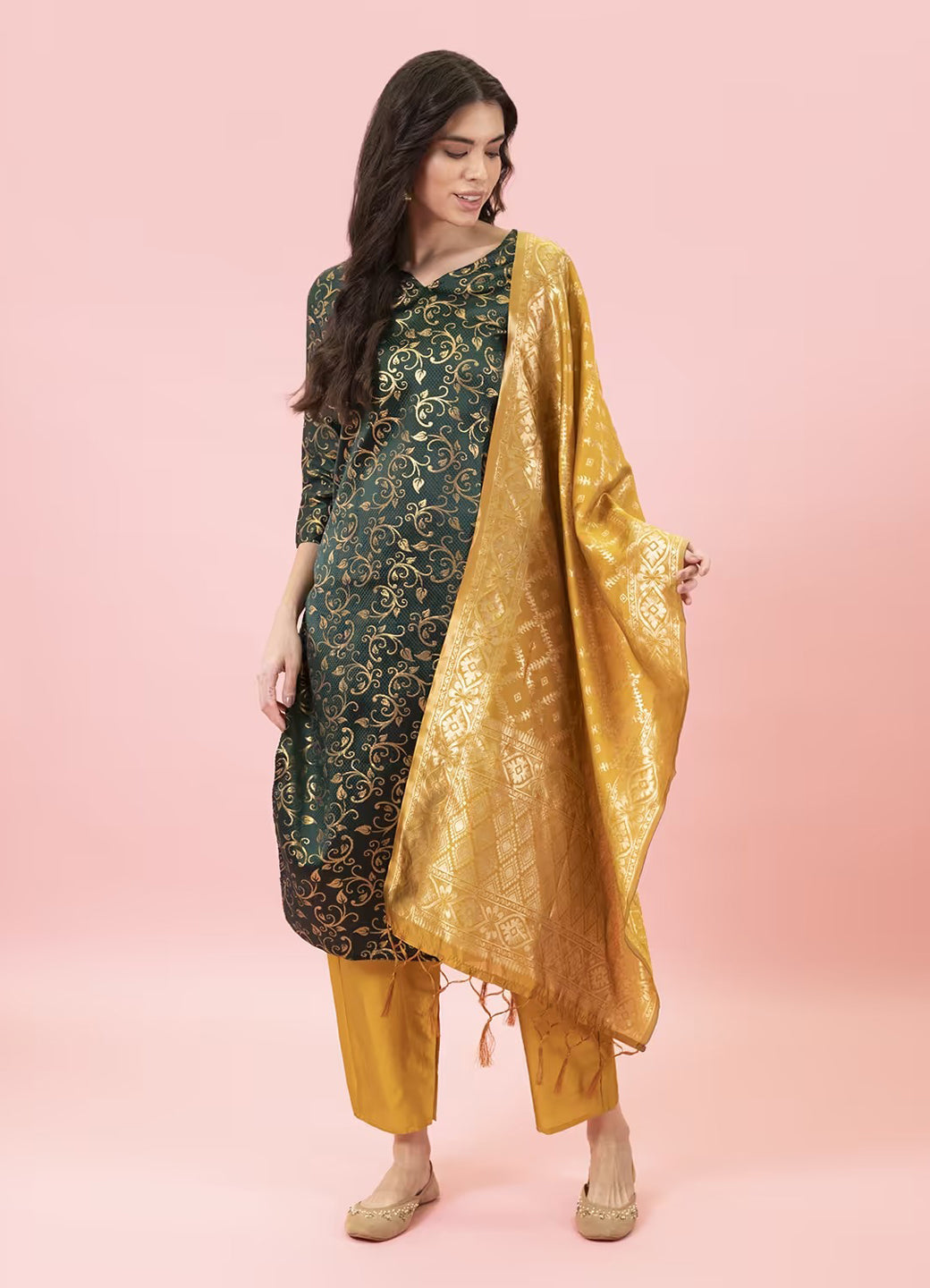 ZariZeenat Cotton Silk Jacquard Kurta Pant & Banarasi Dupatta Set – Elegant Party Wear Outfit - FitVibe Fashion