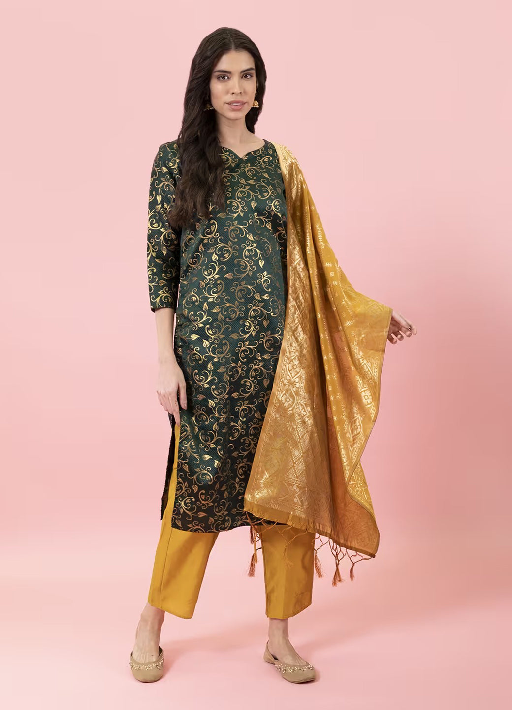 ZariZeenat Cotton Silk Jacquard Kurta Pant & Banarasi Dupatta Set – Elegant Party Wear Outfit - FitVibe Fashion