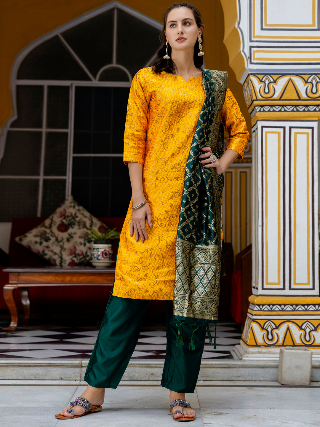 Kanishka Cotton Silk Jacquard Kurta Pant & Banarasi Dupatta Set – Elegant Party Wear Outfit - FitVibe Fashion