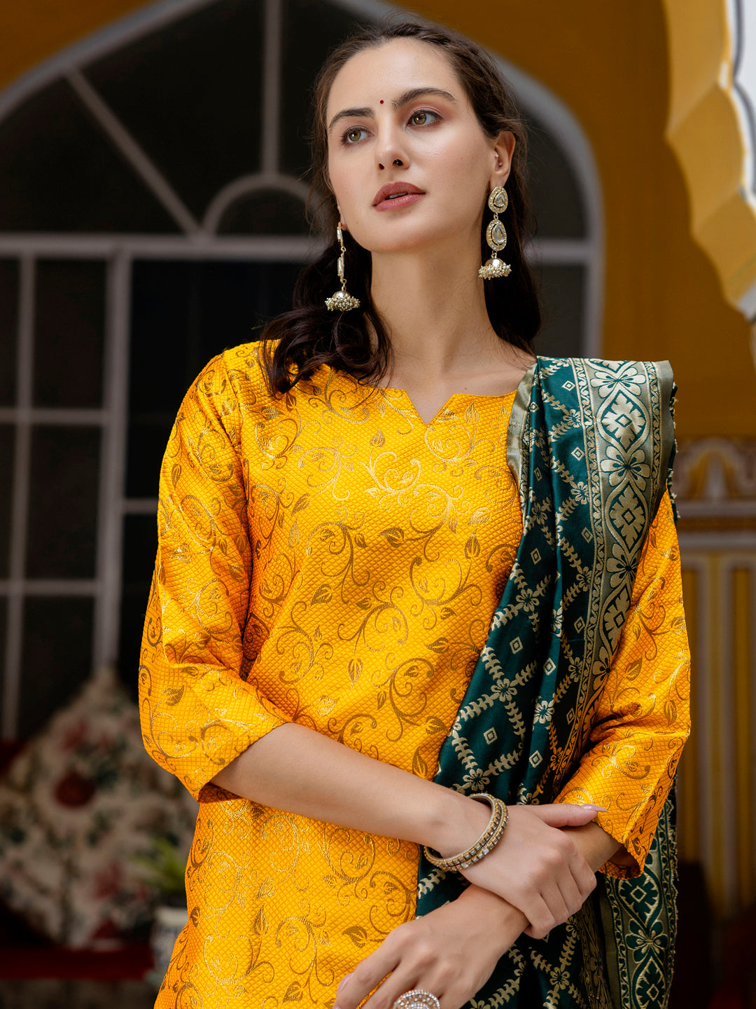 Kanishka Cotton Silk Jacquard Kurta Pant & Banarasi Dupatta Set – Elegant Party Wear Outfit - FitVibe Fashion