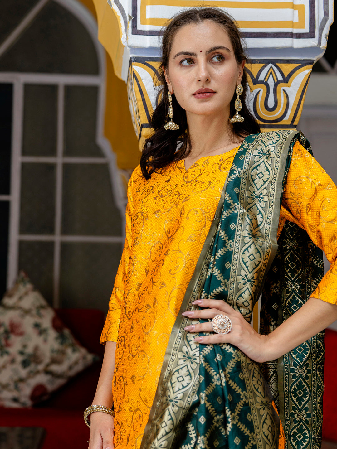 Kanishka Cotton Silk Jacquard Kurta Pant & Banarasi Dupatta Set – Elegant Party Wear Outfit - FitVibe Fashion