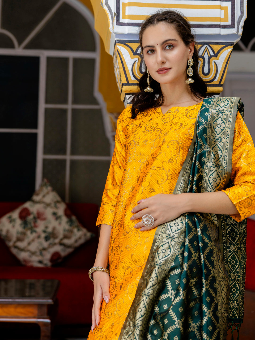 Kanishka Cotton Silk Jacquard Kurta Pant & Banarasi Dupatta Set – Elegant Party Wear Outfit - FitVibe Fashion