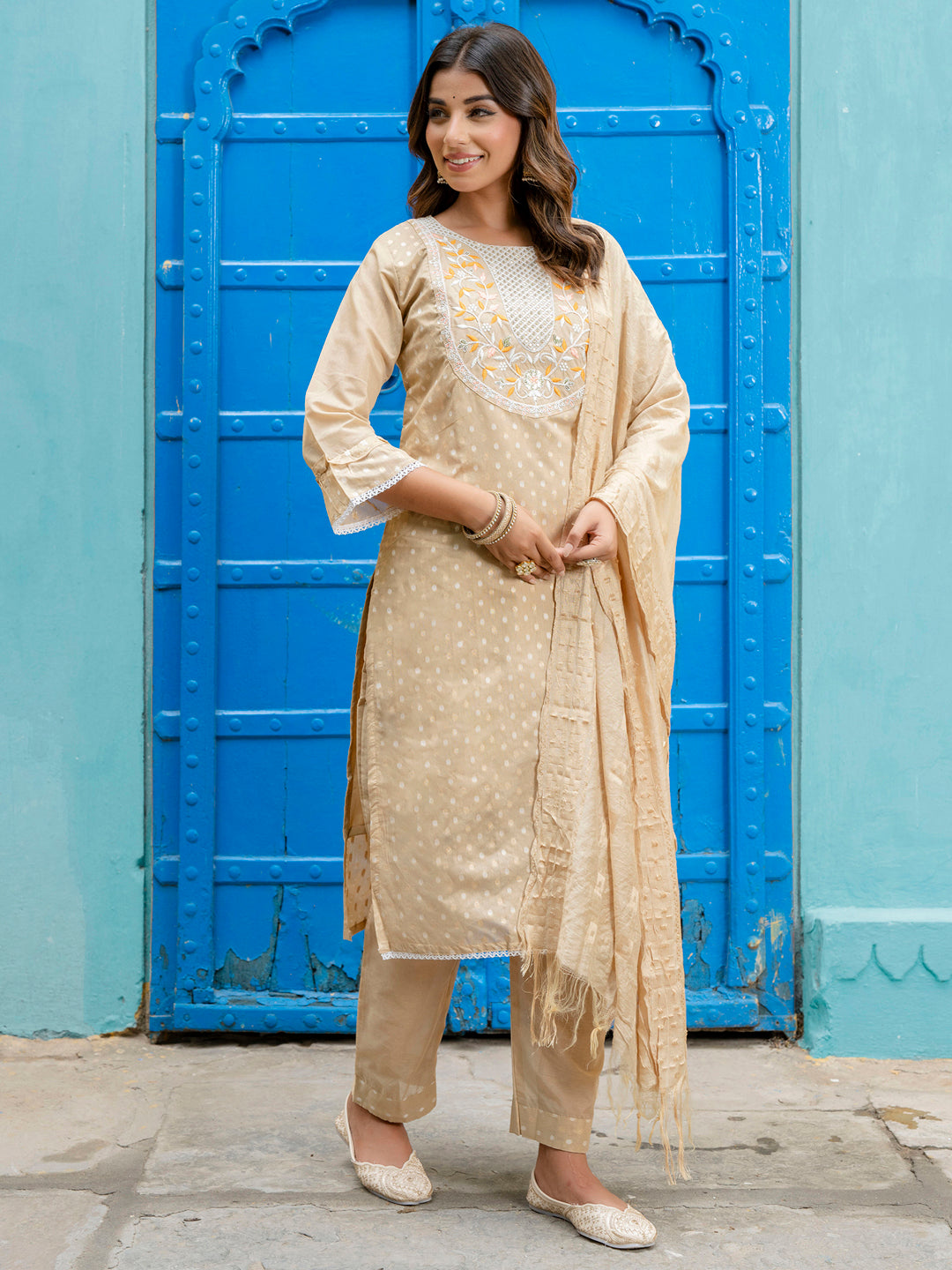 Varnika Chanderi Silk Kurta Set: Coding Embroidery, Party Wear Elegance - FitVibe Fashion