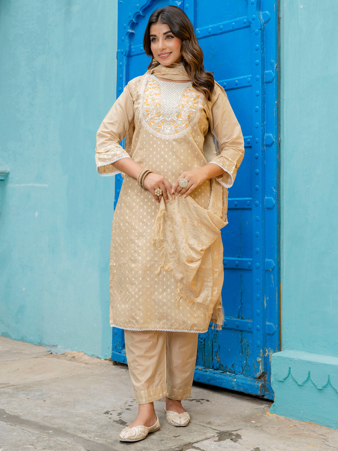 Varnika Chanderi Silk Kurta Set: Coding Embroidery, Party Wear Elegance - FitVibe Fashion